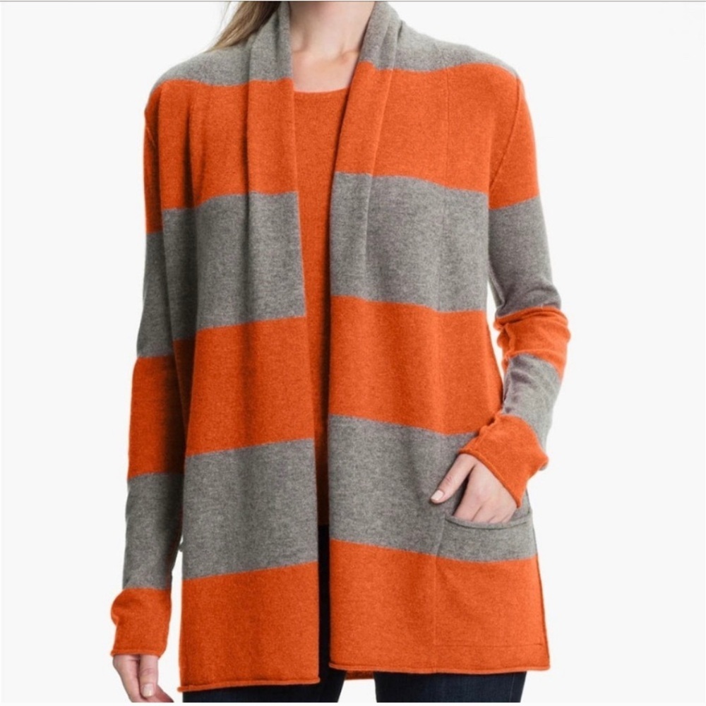 Pure Amici Cashmere Sweater Open Cardigan Striped Orange Gray‎ Luxury Old Money